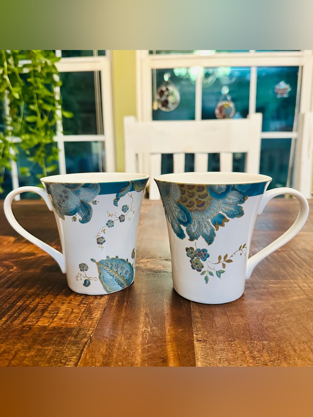 222 Fifth Eliza Teal Fine Porcelain Coffee Mugs Set of 2 Peacock Floral Fluted